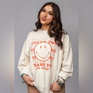 Aerie The Chill Crew Oversized “Thank You Smiley Face” Sweatshirt - Cream - XS